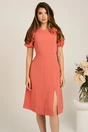 Rochie midi roz piersica din crep in clini cu floare la bust- Moze, 1, dyfashion.ro