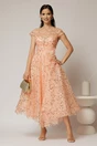 Rochie midi roz somon de ocazie din dantela cu paiete si perle, 1, dyfashion.ro