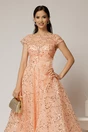 Rochie midi roz somon de ocazie din dantela cu paiete si perle, 3, dyfashion.ro