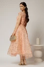 Rochie midi roz somon de ocazie din dantela cu paiete si perle, 2, dyfashion.ro