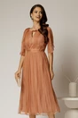 Rochie midi roz somon din matase cu detaliu floral  si decolteu V, 1, dyfashion.ro