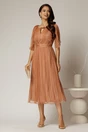 Rochie midi roz somon din matase cu detaliu floral  si decolteu V, 3, dyfashion.ro