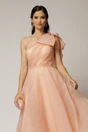 Rochie midi roz somon din organza cu pietre strass si funda ampla pe umar, 3, dyfashion.ro