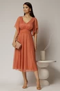 Rochie midi roz somon din voal cu sclipici si decolteu in V, 3, dyfashion.ro