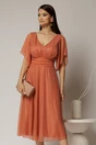 Rochie midi roz somon din voal cu sclipici si decolteu in V, 1, dyfashion.ro