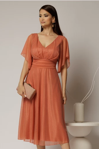 Rochie midi roz somon din voal cu sclipici si decolteu in V