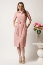 Rochie midi roz tip camasa cu nasturi si cordon in talie, 3, dyfashion.ro