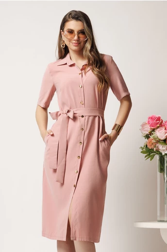 Rochie midi roz tip camasa cu nasturi si cordon in talie