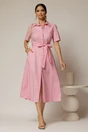 Rochie midi roz tip camasa din poplin cu cordon in talie, 3, dyfashion.ro