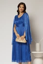 Rochie midi Scarlet albastra din voal peliculizat cu maneci ample si deolteu V, 1, dyfashion.ro