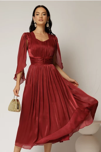 Rochie midi Scarlet bordo din voal peliculizat cu maneci ample si deolteu V