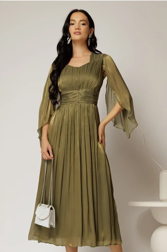 Rochie midi Scarlet verde oliv din voal peliculizat cu maneci ample si deolteu V
