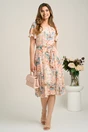 Rochie midi somon din voal cu imprimeuri floreale bleu si cordon in talie, 4, dyfashion.ro