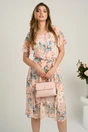 Rochie midi somon din voal cu imprimeuri floreale bleu si cordon in talie, 1, dyfashion.ro