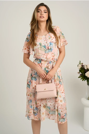 Rochie midi somon din voal cu imprimeuri floreale bleu si cordon in talie