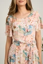 Rochie midi somon din voal cu imprimeuri floreale bleu si cordon in talie, 3, dyfashion.ro