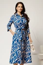 Rochie midi tip camasa bej cu imprimeuri albastre si curea in talie, 1, dyfashion.ro