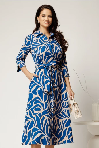 Rochie midi tip camasa bej cu imprimeuri albastre si curea in talie