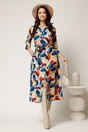 Rochie midi tip camasa cu imprimeuri portocalii si curea in talie, 3, dyfashion.ro