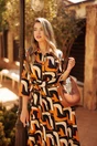 Rochie midi tip camasa maro cu imprimeuri negre si cordon in talie, 4, dyfashion.ro
