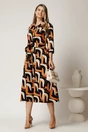 Rochie midi tip camasa maro cu imprimeuri negre si cordon in talie, 3, dyfashion.ro