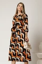Rochie midi tip camasa maro cu imprimeuri negre si cordon in talie, 1, dyfashion.ro