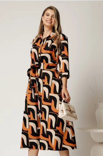 Rochie midi tip camasa maro cu imprimeuri negre si cordon in talie