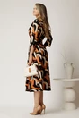 Rochie midi tip camasa maro cu imprimeuri negre si cordon in talie, 2, dyfashion.ro
