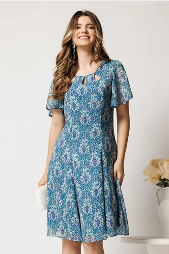 Rochie midi turcoaz cu mov din voal in clin cu fir lurex si decupaje la decolteu
