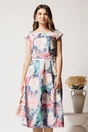 Rochie midi turcoaz cu roz in clos cu buzunare si curea in talie, 1, dyfashion.ro