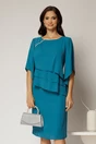 Rochie midi turcoaz de ocazie cu croi drept si perle la decolteu, 1, dyfashion.ro