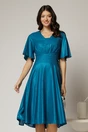 Rochie midi turcoaz de ocazie din voal cu sidef si decolteu in V, 1, dyfashion.ro