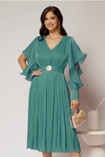 Rochie midi turcoaz de ocazie din voal peliculizat cu cordon detasabil