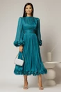 Rochie midi turcoaz de ocazie din voal peliculizat cu maneci ample cu volanase, 3, dyfashion.ro