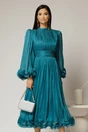 Rochie midi turcoaz de ocazie din voal peliculizat cu maneci ample cu volanase, 1, dyfashion.ro