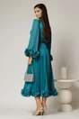Rochie midi turcoaz de ocazie din voal peliculizat cu maneci ample cu volanase, 2, dyfashion.ro