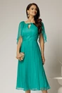 Rochie midi turcoaz din matase cu detaliu floral  si decolteu V, 1, dyfashion.ro