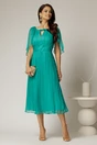 Rochie midi turcoaz din matase cu detaliu floral  si decolteu V, 3, dyfashion.ro