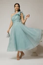 Rochie midi turcoaz din organza cu pietre strass si funda ampla pe umar, 1, dyfashion.ro
