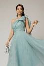 Rochie midi turcoaz din organza cu pietre strass si funda ampla pe umar, 3, dyfashion.ro