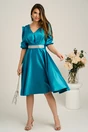 Rochie midi turcoaz din tafta in clos cu cordon in talie- Ella Collection Aria, 4, dyfashion.ro