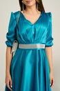 Rochie midi turcoaz din tafta in clos cu cordon in talie- Ella Collection Aria, 3, dyfashion.ro