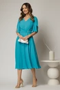 Rochie midi turcoaz din triplu voal cu decolteu in V, 3, dyfashion.ro