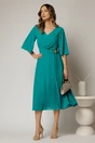 Rochie midi turcoaz din triplu voal cu decolteu in V si maneci scurte evazate, 3, dyfashion.ro