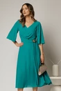 Rochie midi turcoaz din triplu voal cu decolteu in V si maneci scurte evazate, 1, dyfashion.ro