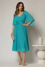 Rochie midi turcoaz din triplu voal cu detalii pe talie si decolteu in V, 3, dyfashion.ro