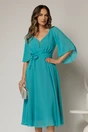 Rochie midi turcoaz din triplu voal cu detalii pe talie si decolteu in V, 1, dyfashion.ro