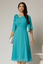Rochie midi turcoaz din voal cu decolteu asimetric si floare la bust, 1, dyfashion.ro