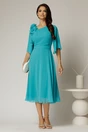 Rochie midi turcoaz din voal cu decolteu asimetric si floare la bust, 3, dyfashion.ro