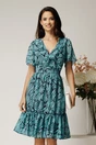 Rochie midi turcoaz din voal cu imprimeu si volane, 1, dyfashion.ro